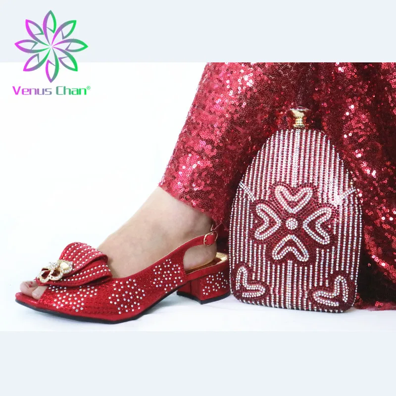 Shoes and Bag Set African Sets Red Color African Shoe and Bag Set for Party In Women Nigerian Shoes and Bag Set with Rhinestone