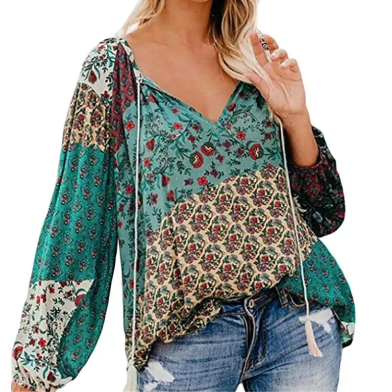 2019 женская блузка в стиле бохо цветочный принт длинный рукав рубашка модная