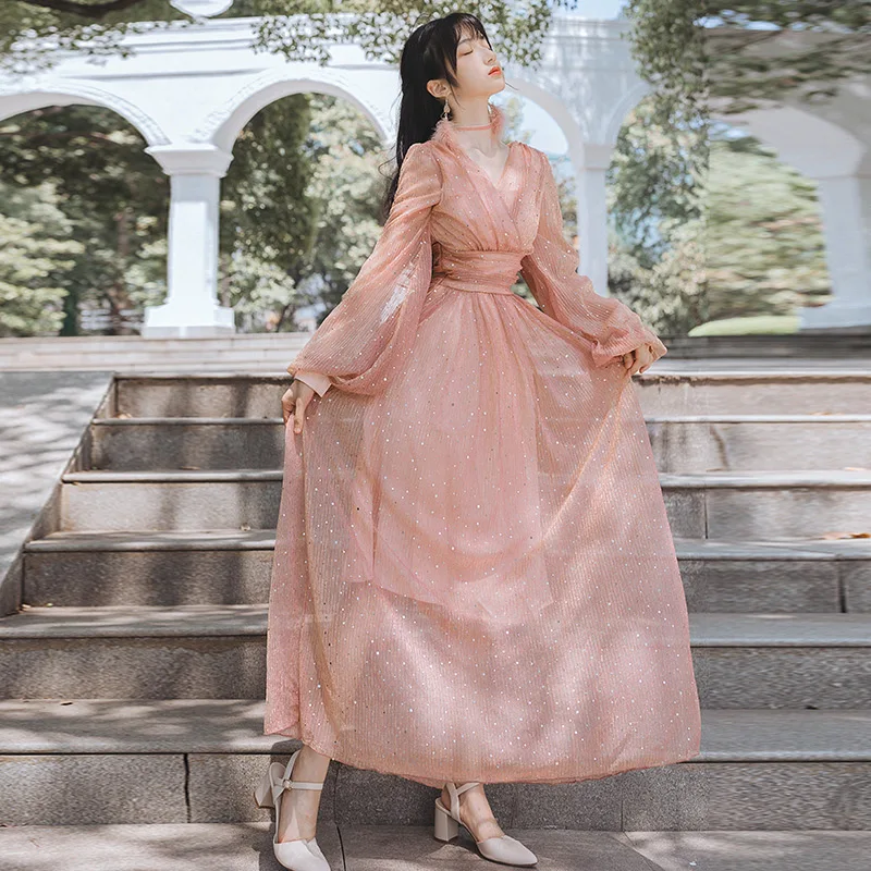 YOSIMI лето 2019 длинное женское Платье макси с длинным рукавом и v образным вырезом