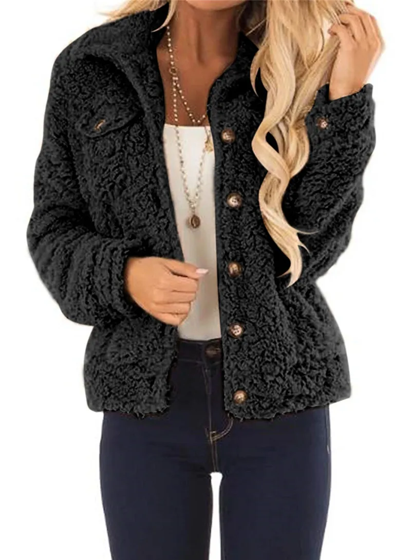 Женское пальто из искусственной овчины с лацканами на пуговицах зимняя теплая