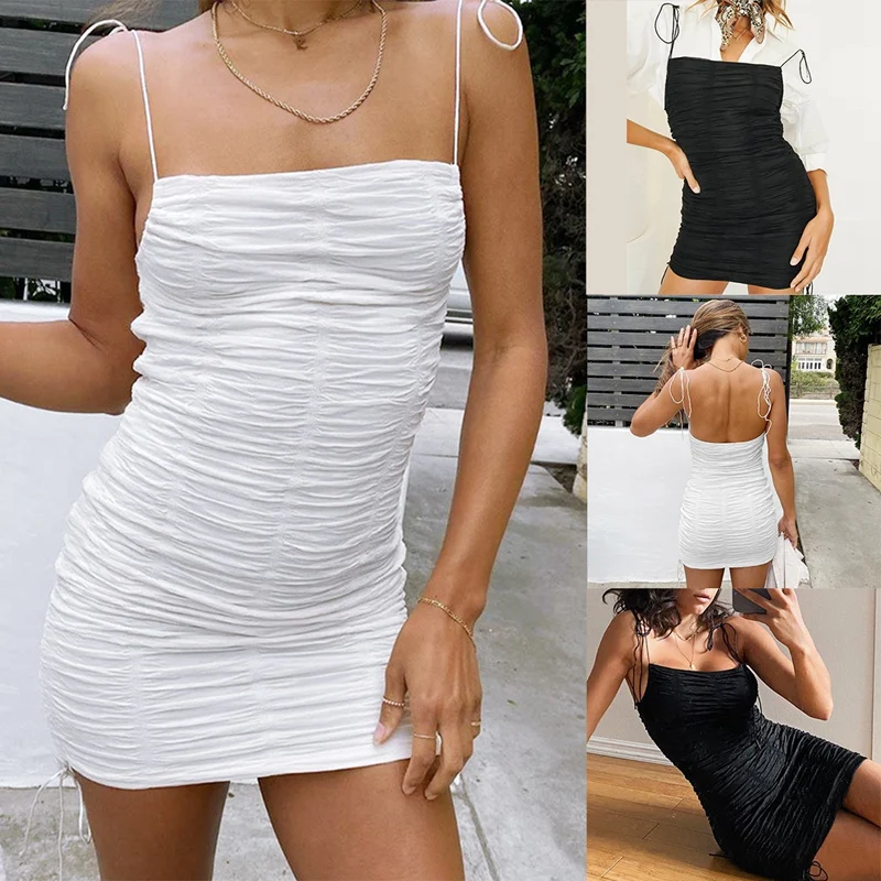 

Pleated Backless Summer Dress Women Spaghetti Strap Mini Party Dresses Night Club Sexy Dress Clothes