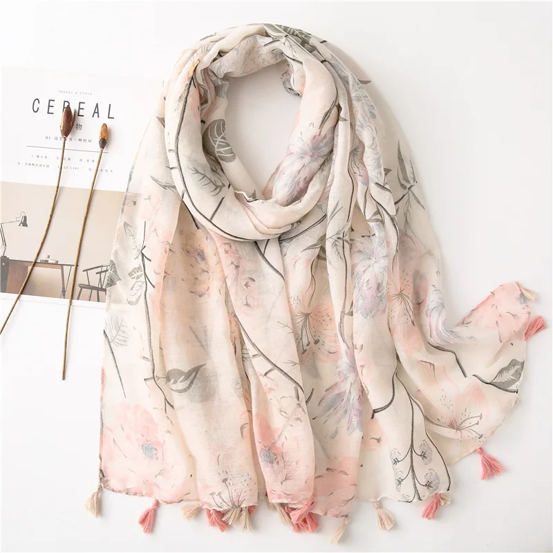

2020 Newest Floral Pattern Cotton Tassel Scarf 10pcs/lot