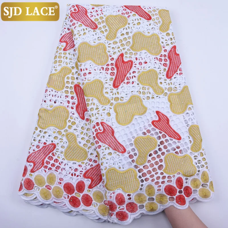 

SJD кружевная африканская кружевная ткань высокого качества, хлопковое кружево с камнями, нигерийская вуаль, кружевная ткань для свадебной в...