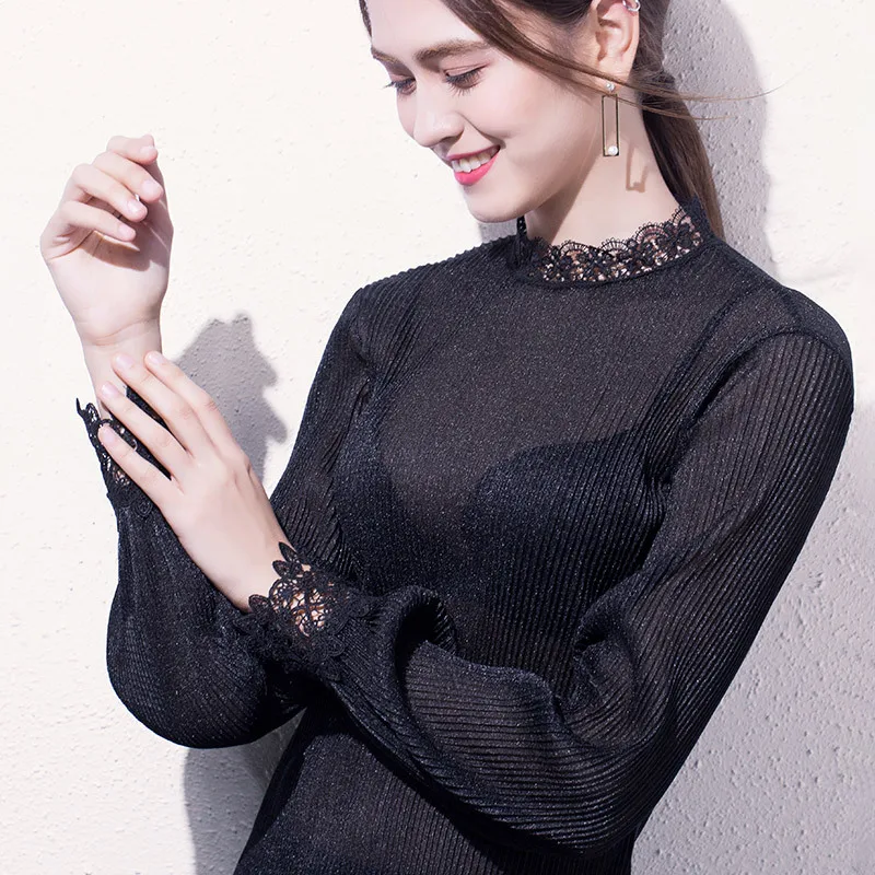 

European Chiffon T-shirt women's 2019 new women's dress foreign style T-shirt lace splicing Lantern Sleeve Korean base shirt