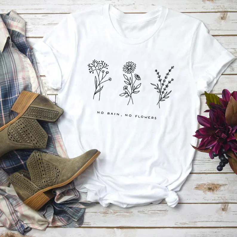 white tee black text Летняя футболка с цветами без дождя модная повседневная женская желтая одежда футболка с коротким рукавом без дождя с надписью Grunge - Цвет: white tee black text