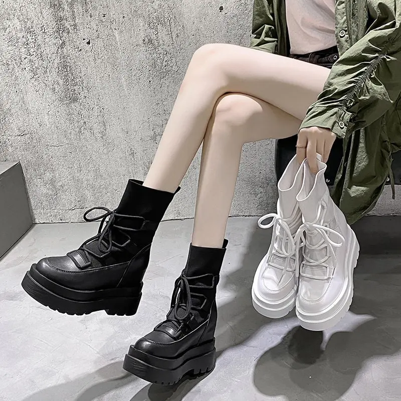 

2020 Winter Women Ankle Boots Fashion Stretch Fabric Platform New Women's Chunky Boots 10cm High Wedges Sock Shoes Woman British