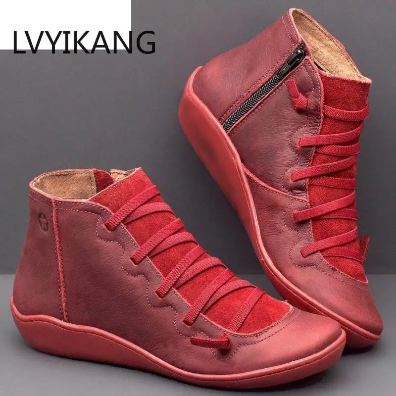 

Женские ботильоны из искусственной кожи, осенне-зимние Винтажные ботинки в стиле панк на плоской подошве с перекрестными ремешками, 2020