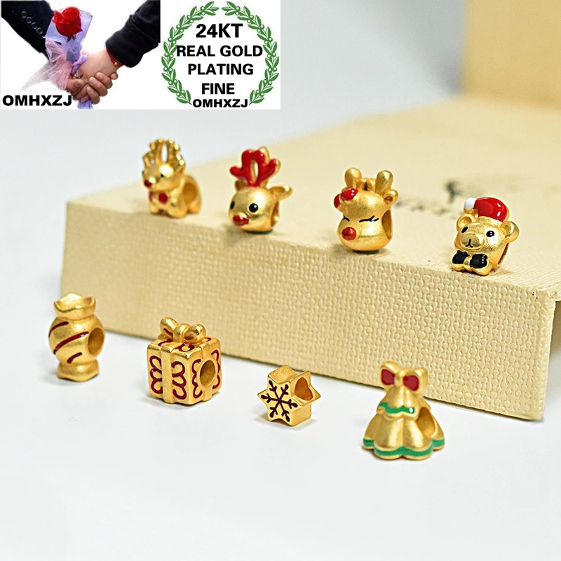 

OMHXZJ CA296 Wholesale European Fashion Party Birthday Gift Christams Tree Deer Bracelet DIY Accessories 24KT Gold Pendant Charm