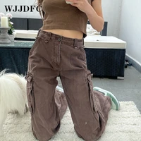 wjjdfc retro high waist overalls womens new street style brown straight leg casual loose multi pocket jeans streetwear y2k pant