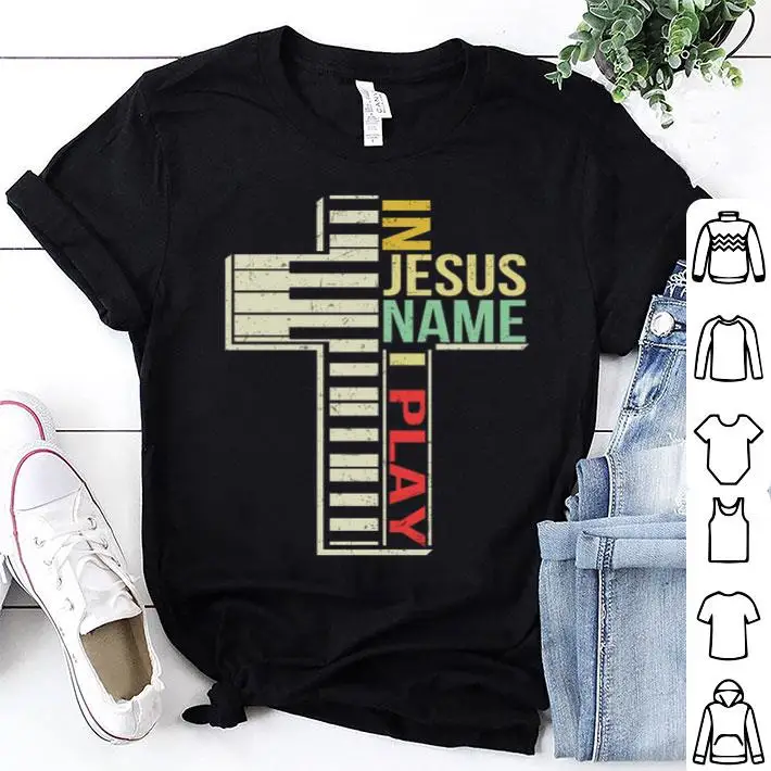 Крест и фортепиано во имя Иисуса я играть в винтажном стиле Летняя футболка из