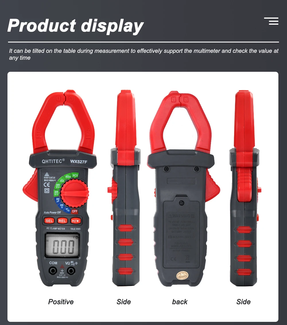 

QHTITEC WX527F Digital Clamp Meter DC/AC Current Multimeter LCD display Ammeter Voltage Capacitance Ohm Hz Tester with test line