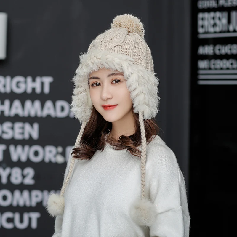 Простые шапки-ушанки женская вязаная шапка из натурального кроличьего меха с