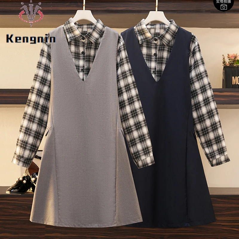 

Loose Oversized 4XL Women Tunic Dress Sets Autumn Winter Plaid Designer Shirt + Suit Sleeveless Tank Dress Two Piece Set KE2008