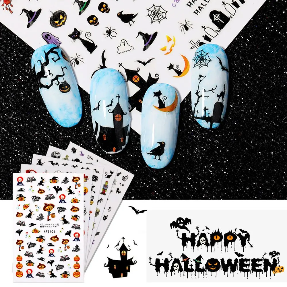 

1 Sheet Halloween Nail Sticker Pumpkin Lantern Skeleton Spider Design Adhesive Nail Decals Water Transfer Nail Art Decorations
