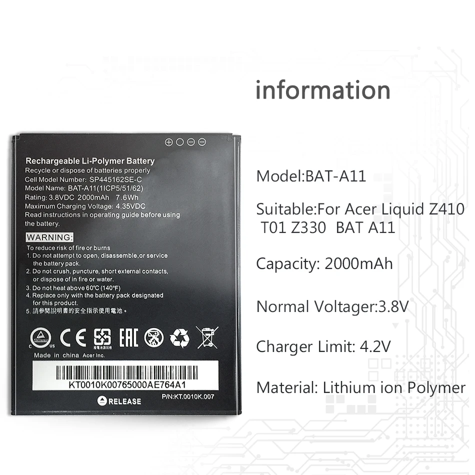 Протестированный литий-полимерный аккумулятор 2000 мАч для Acer Liquid Z410 T01 Z330 BAT A11