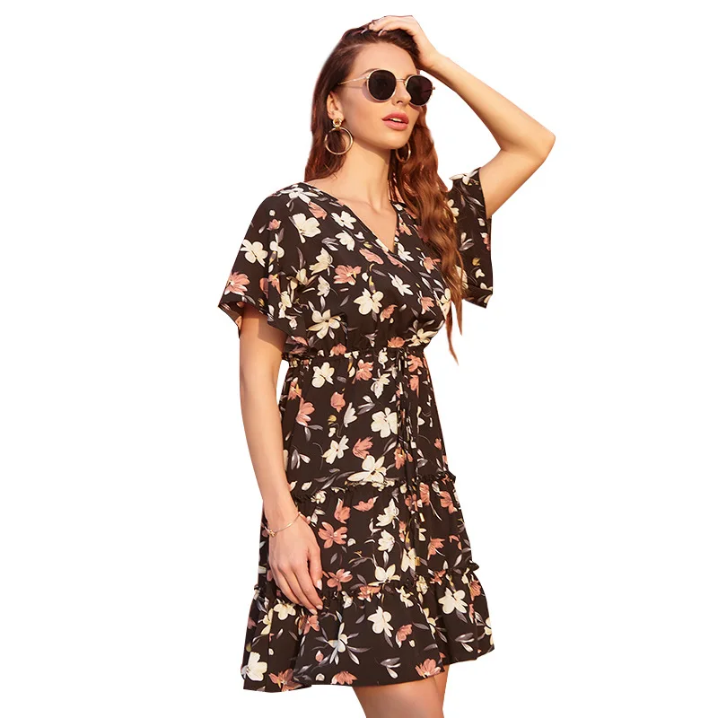 

Amazon Cross Border European and American Foreign Trade Women's Chiffon V-neck Lace Up Dress Women's French Leisure