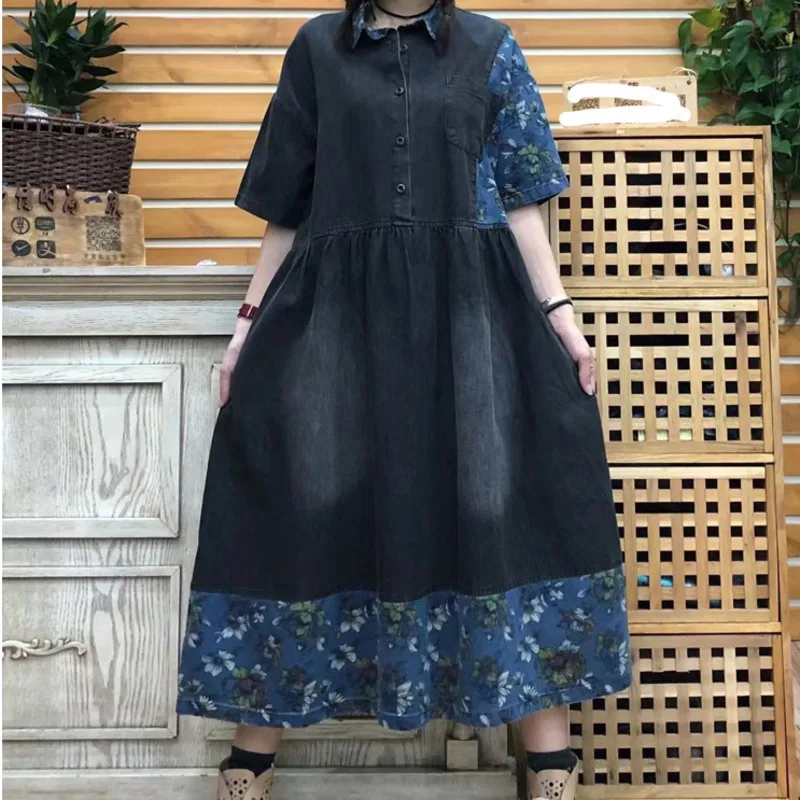 

Baggy Denim Floral Dress Women Short Sleeve Turn Down Collar Pockets Button Loose Jean Dress Plus Size Patchwork cowboy Dresses