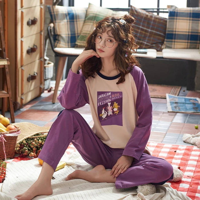 Женский пижамный комплект WAVMIT свободный из хлопка с длинными рукавами на