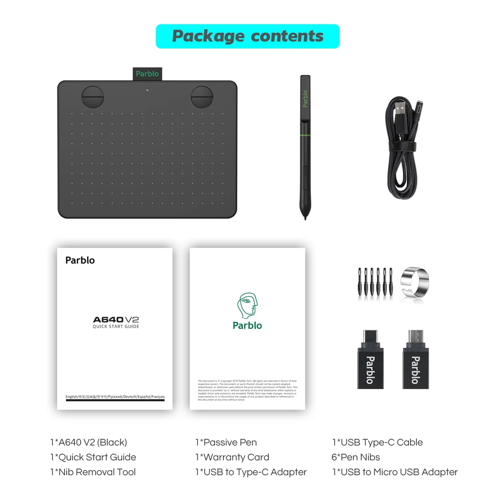 

New Arrival Parblo A640 V2 6*4 Inch Large Active Area Professional Signature USB Graphics Tablet 8192 Pressure Battery-free Pen