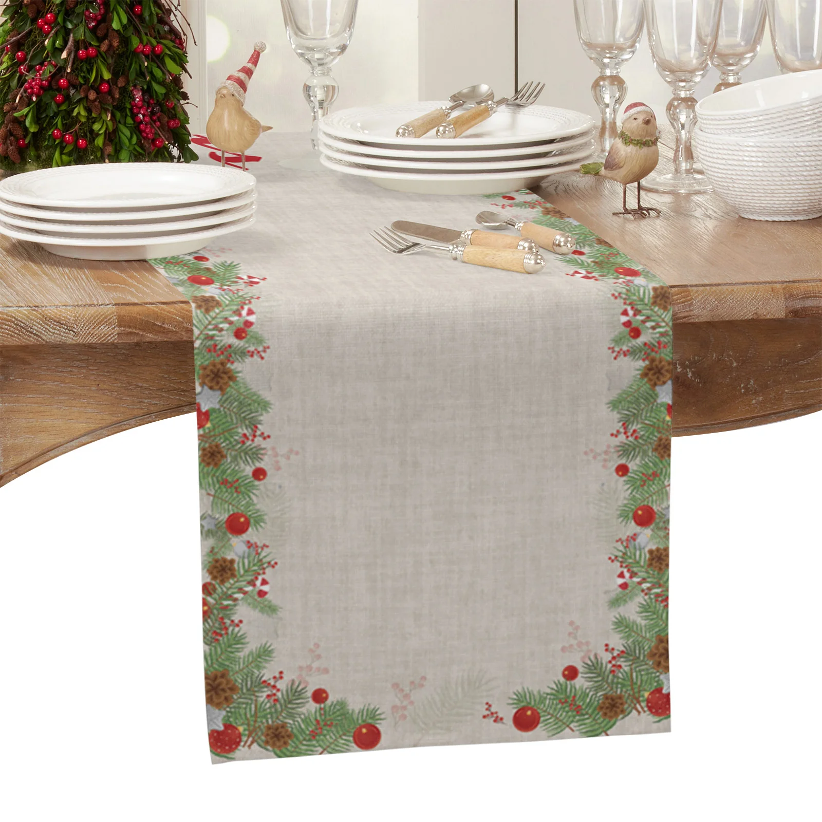 

Christmas Red Berries Pine Cones Retro Table Runner Christmas Dinner Table Decoration Tablecloth Wedding Decor Table Cover