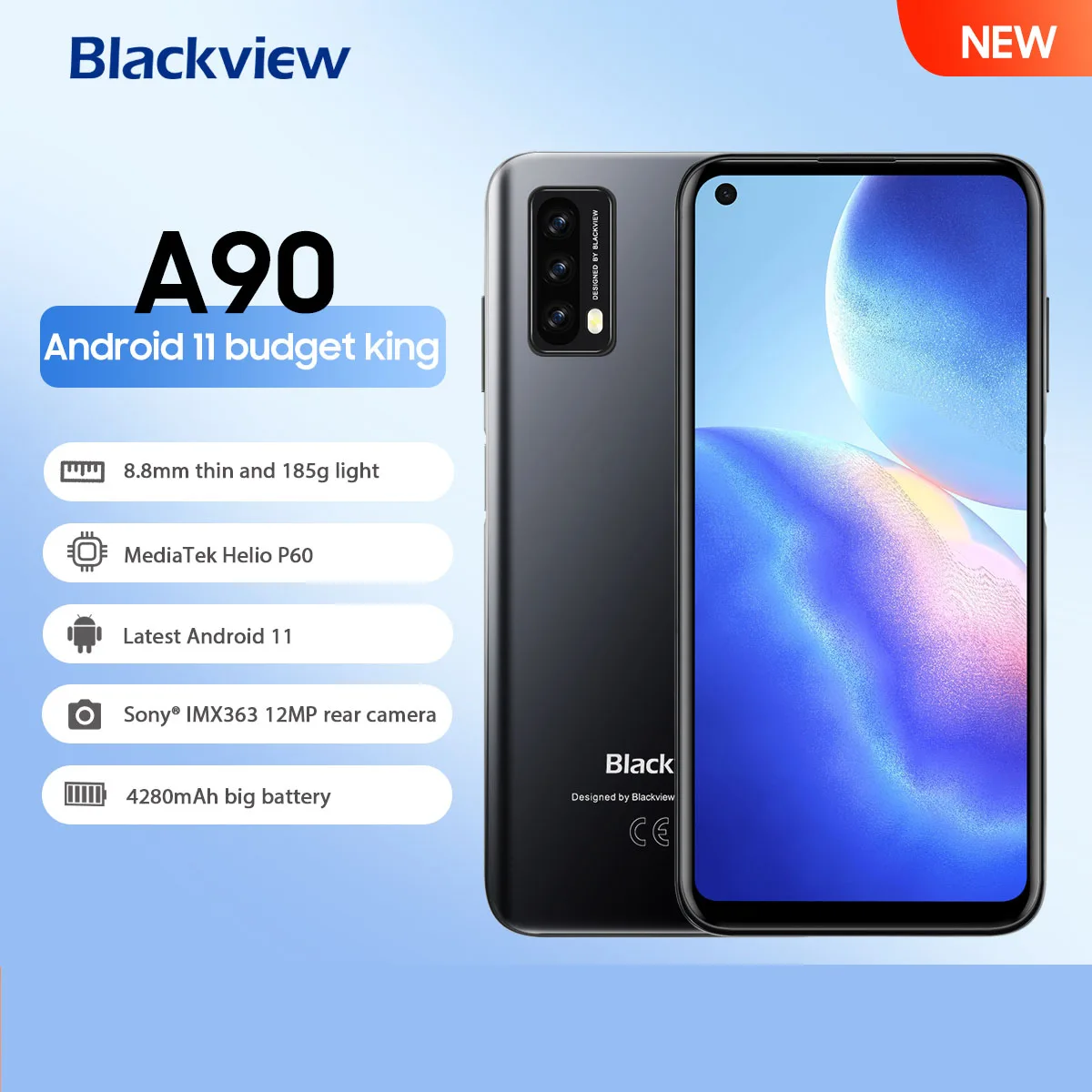 Blackview A90 Android 11 6.39 Inch Mobile Phone Helio P60 Octa Core Smartphone 4GB+64GB 4G LTE Cellphone 12MP Rear Camera 4280mA