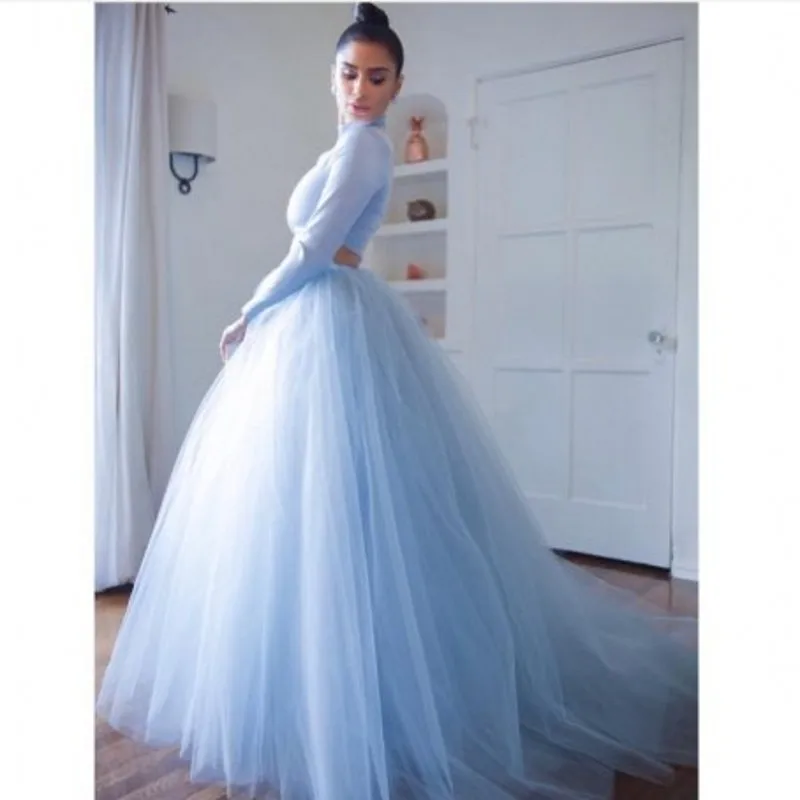 Женская Пышная юбка с завышенной талией светло голубая Юбка Макси до пола юбки