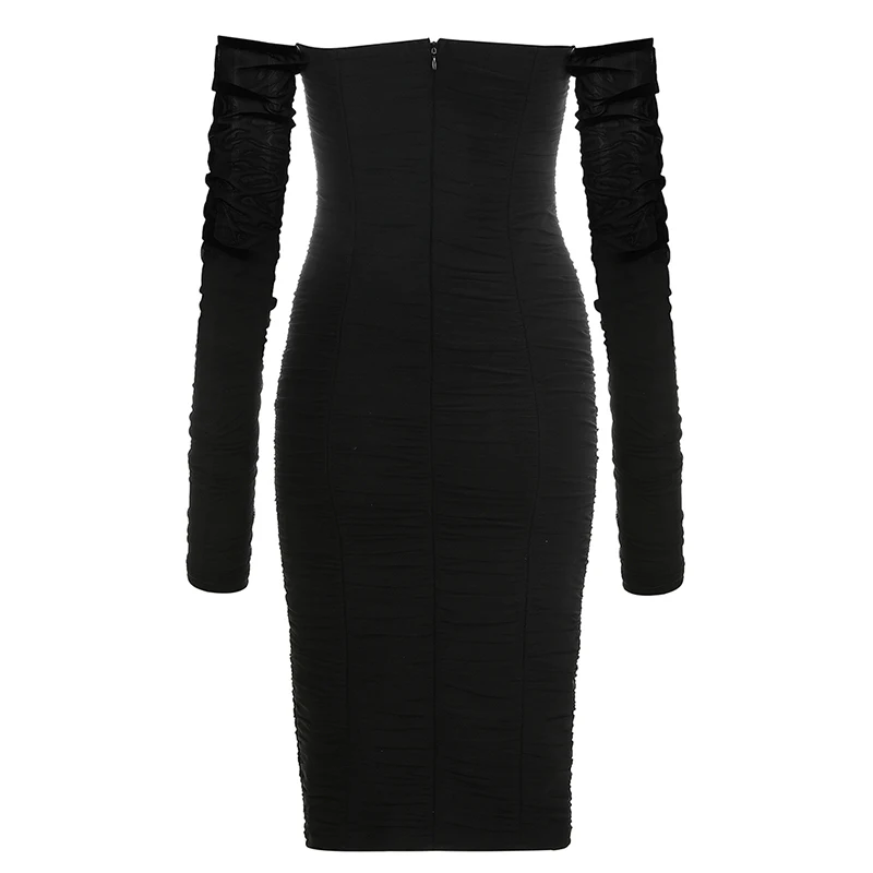 

Beateen Sexy Off The Shoulder Strapless Bandage Midi Dress 2019 New Fashion Rushed Mesh Long Sleeve Bodycon Women Party Vestidos