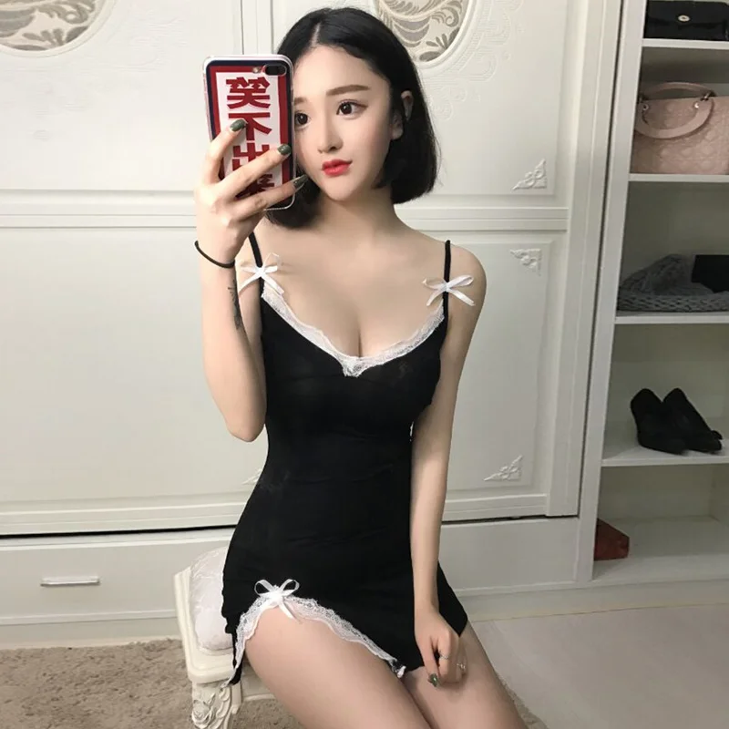 

Spring Sexy V-neck Lace Cotton Strap Pajamas Dress