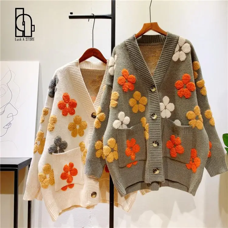 Женский осенний свитер с V-образным вырезом пальто цветочным принтом женский