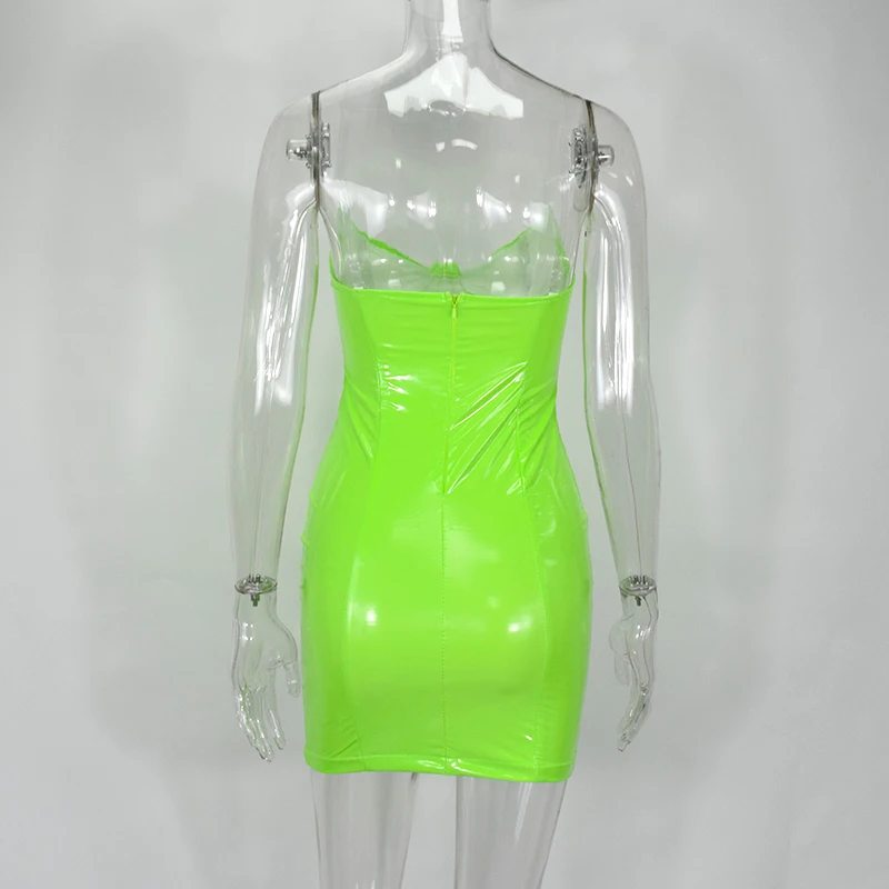 Colysmo PU Leather Party Dress Women Neon Pink Backless Club Sexy Transparent Straps Padded Low Cut Mini Dresses Vestidos | Женская