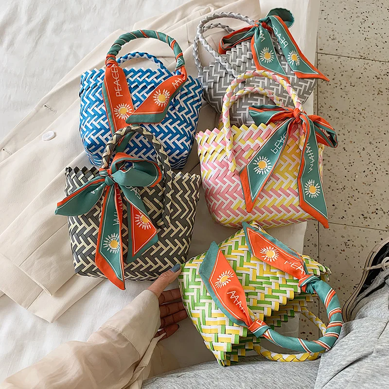 

Weysfor bohemian scarves rattan women handbags handmade wicker woven small totes summer beach baskets straw bag striped purse