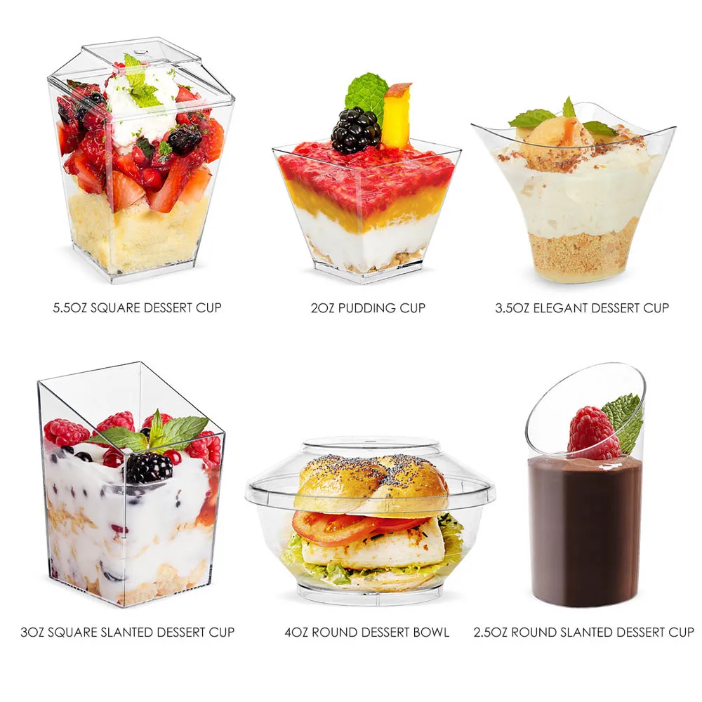 

Disposable plastic tableware 2.5oz oblique round cup 24pcs plastic transparent dessert cup with spoon Party wedding supplies