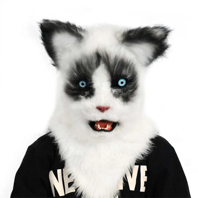 Маска кошки плюшевая с капюшоном имитацией котика 2D мир демон кошачий рот