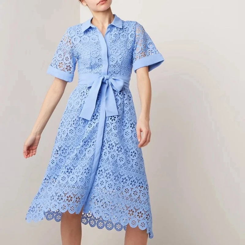 Женское кружевное платье с отложным воротником подиумное однобортное ажурное