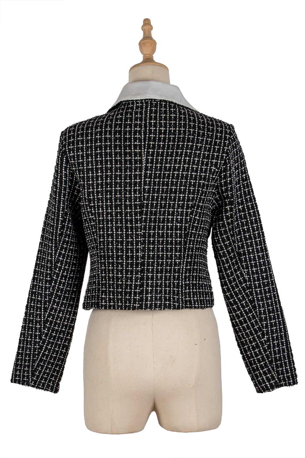 

Fashion Plaid Coat Women's Contrast Color Lapel Pearl Button Short Coat Elegant Temperament Black Long-Sleeved Top