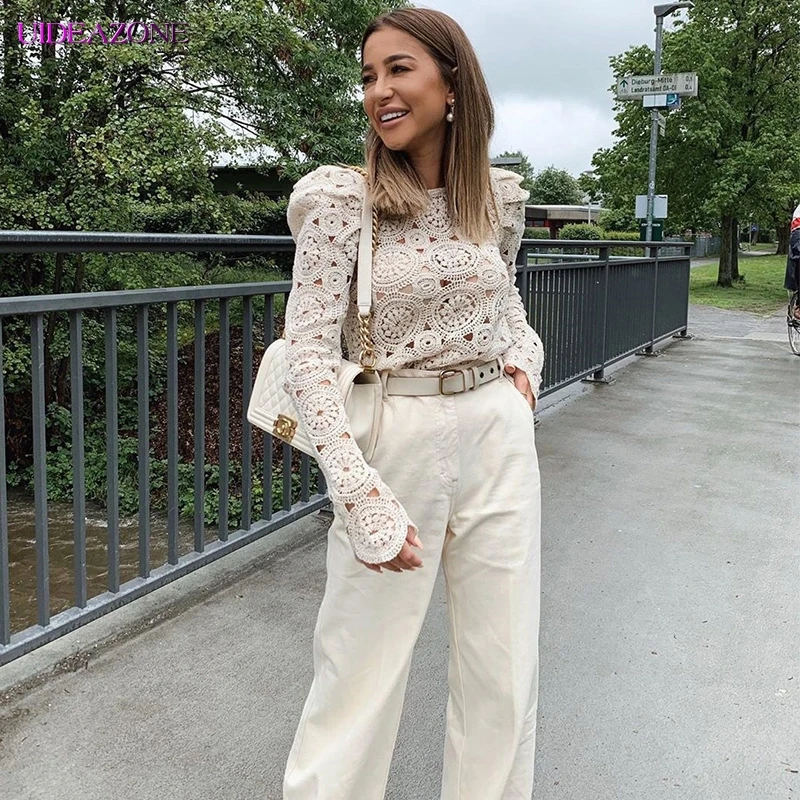 Женские Ажурные кружевные топы белого цвета длинные рукава с цветочной вышивкой