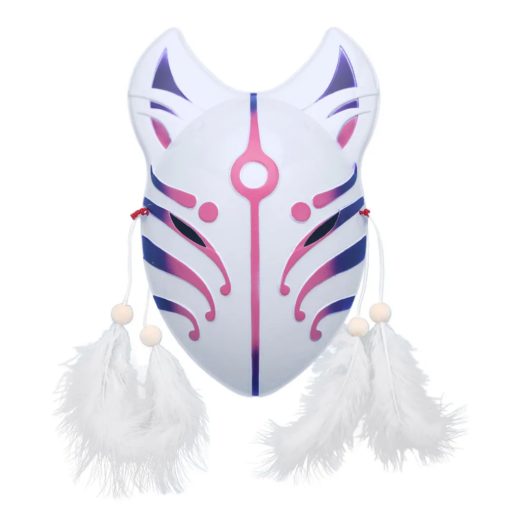

Hand Painted Japanese Style PVC Fox Mask with Feather Tassels Halloween Anime Cosplay Party Masquerade Festival Rave Costume
