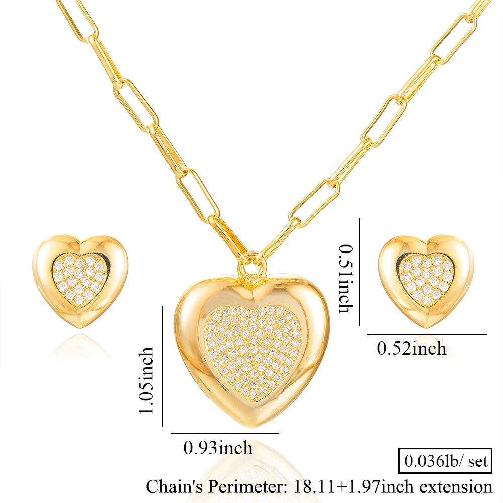 

missvikki Luxury Nigeria 2pcs Gold Heart Necklace Earrings Zirconia Jewelry Sets For Women Party Dubai CZ Wedding Jewelry Set
