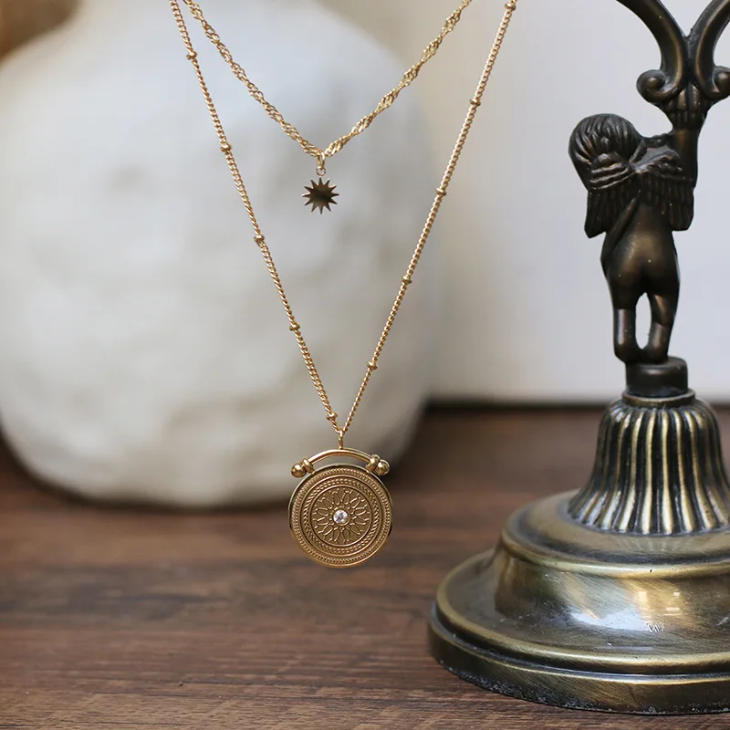 Timeless Wonder Titanium Sunburst Coin Chains Layered Necklace Stainless Steel Jewelry Punk Top Boho Gothic Trendy Gold 2121