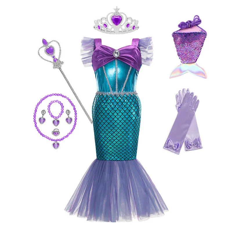 Платье принцессы для девочек костюм с блестками и маленькой русалочкой модная