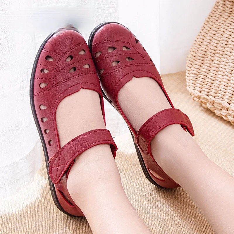 

2021 Summer Ballet Flats Shoes Woman Hollow Leather Mary Jane Casual Shoes ladies Genuine Loafers Shoes Female Sapato Feminino