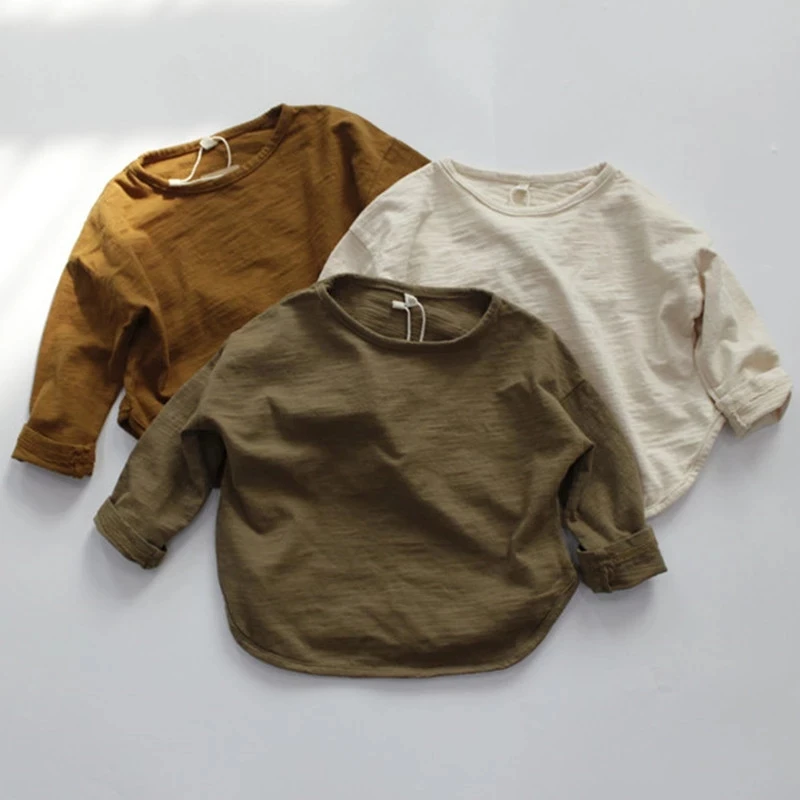 

2021 Spring Children Long Sleeve T-shirts Korean Style Cotton Loose Baby Boys Girls T-shirts Solid Color Kids Tops Clothes