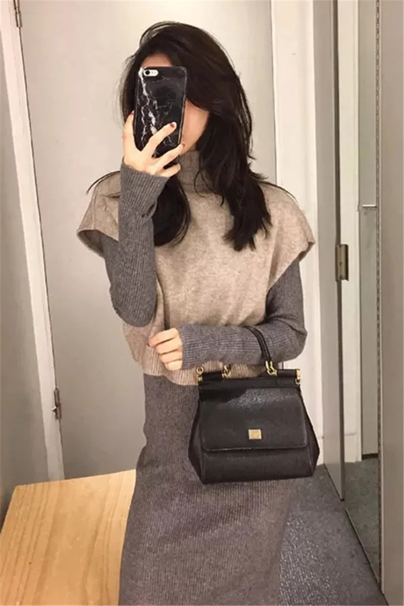 

2021 New Style with Two Piece Base Knitted Vest Dress Suit