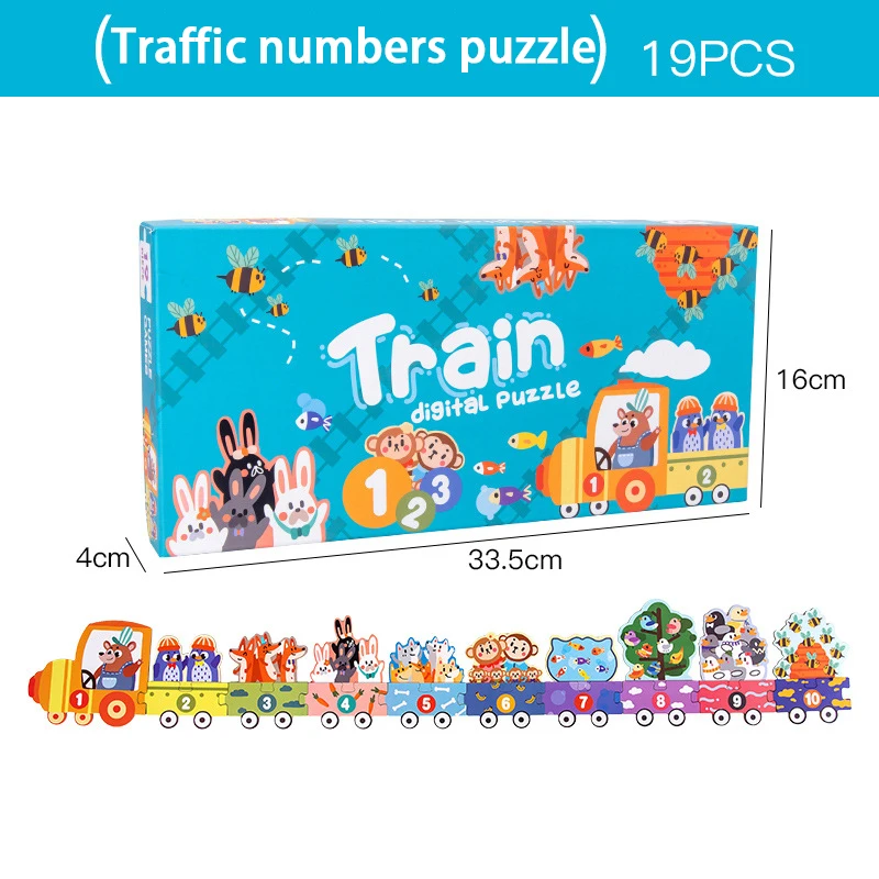 

Cute Cartoon Puzzle Animals/Traffic Number Cognitive Wooden Train Shape Educational Learning Toy Jigsaw Game Children Toy Gifts