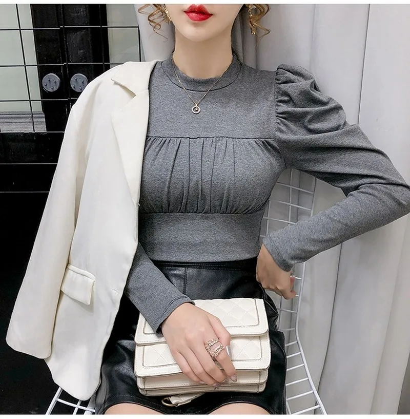 

Autumn Puff Sleeve Vintage White Blouse Women 2021 Pullover Pleated Womens Blouse Casual Cotton Women Blouses Tops Mujer 11206