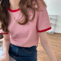women all match basic knitted o neck tops korean female striped short sleeve t shirts girlish style casual slim tshirts summer