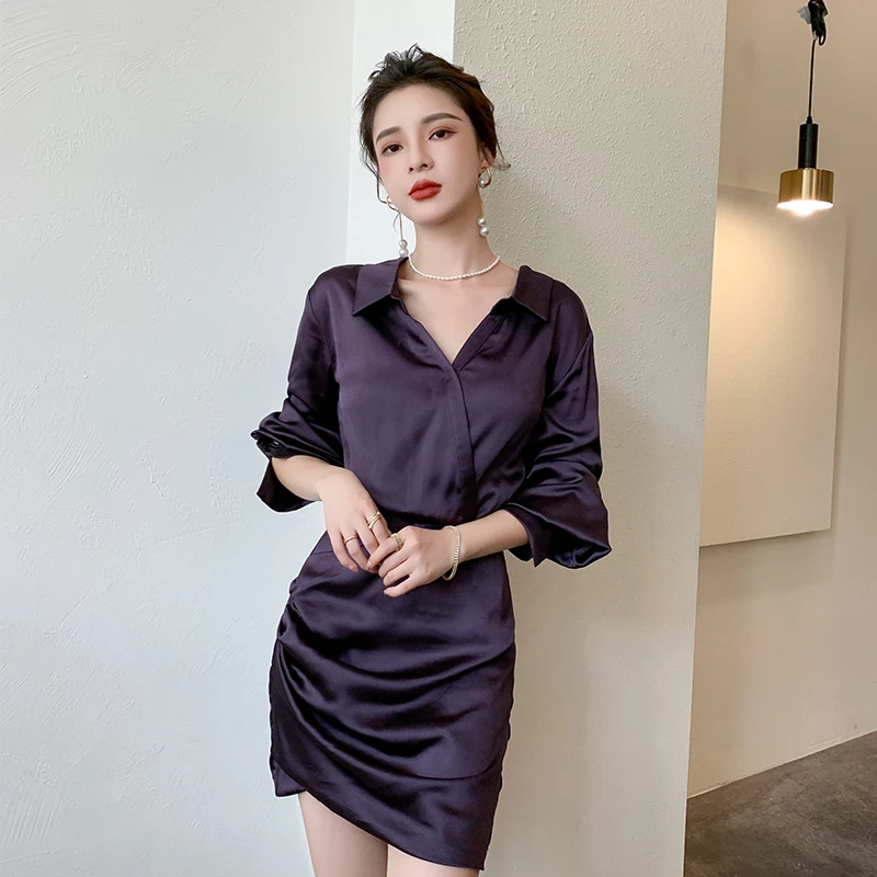 

2022 Spring New French Sexy Purple Tops Slim Fit Waist Skirt Shirt Dress Chiffon V-Neck Vintage Dresses Female elegantes 1586
