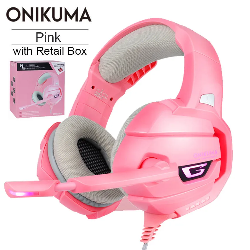 Игровая гарнитура ONIKUMA K5 PS4 розовый объемный звук бас наушники для ПК с микрофоном светодиодный свет для Xbox One/телефона/ноутбука планшета геймера - Цвет: Pink with RetailBox