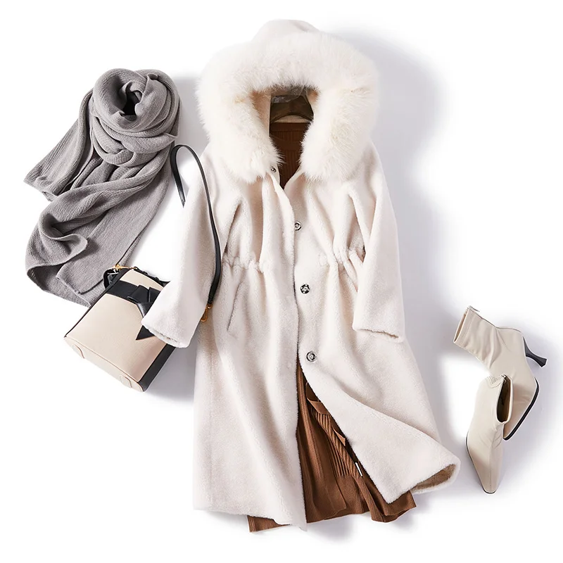 

2020 New Fur Integrated Sheep Shearing Wool Coat Medium Long Fur Coat Female Fox Fur Collar Hooded Thick
