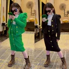 Осенне-зимний комплект из 2 предметов для девочек, детская куртка + длинная юбка, детские костюмы, детская одежда, однотонный с V-образным вырезом и пышными рукавами на возраст от 3 до 13 лет